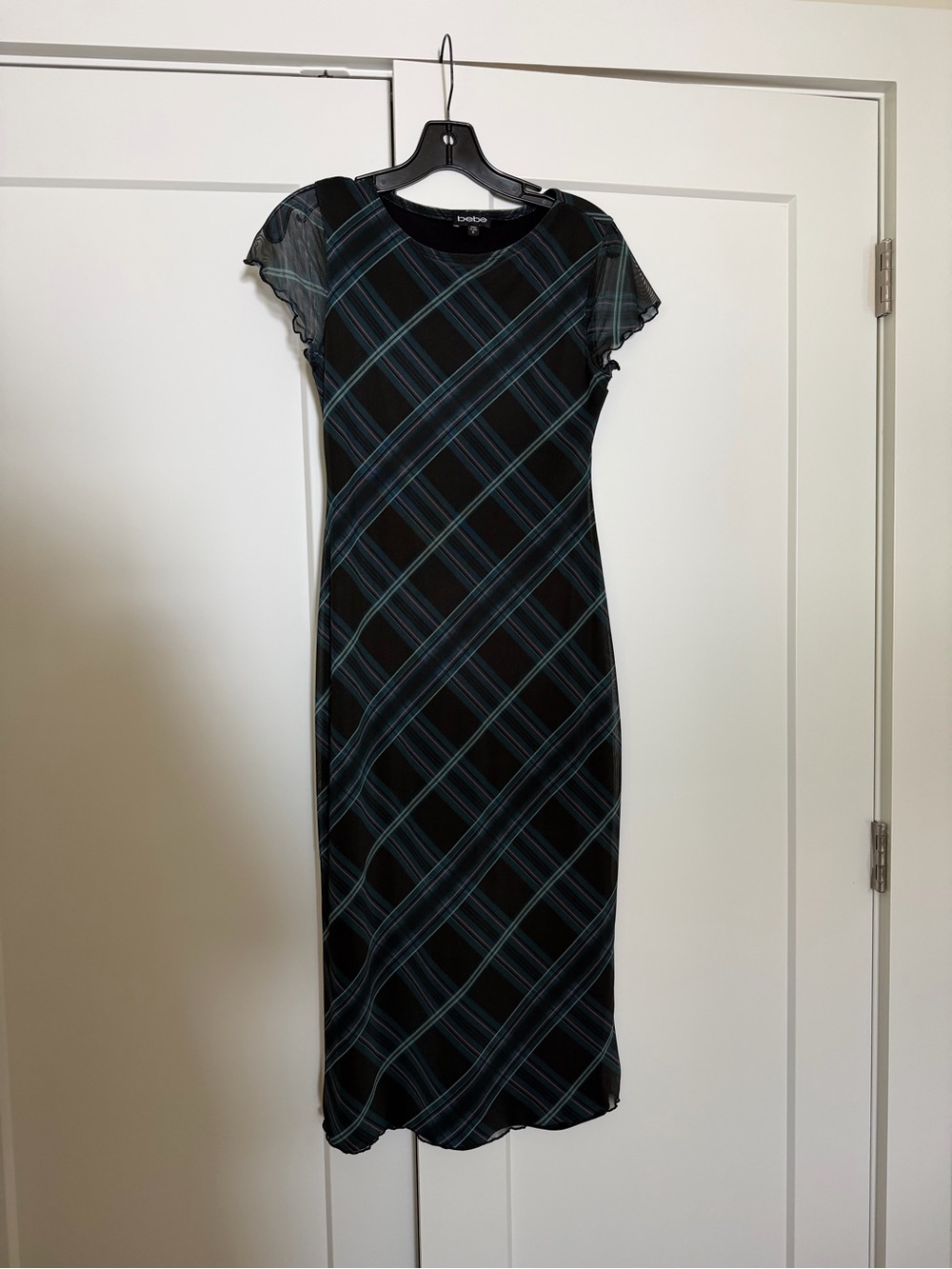 bebe Black Midi Dress with Teal Plaid